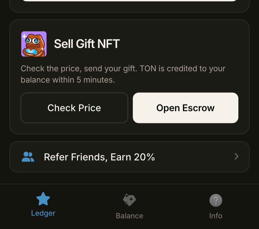 Star Ledger app, Ledger tab, showing the Sell Gift NFT card with Check Price and Open Escrow buttons