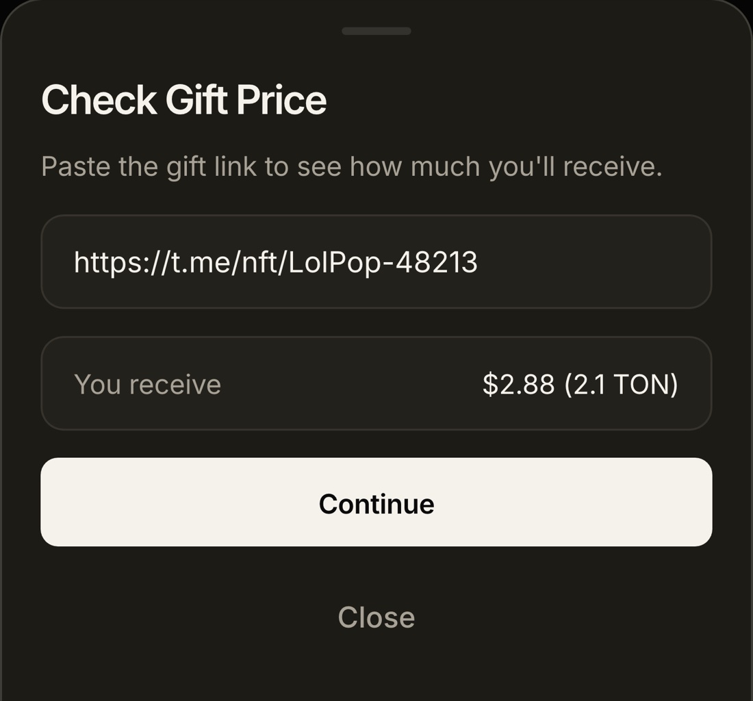 Check Gift Price sheet with a gift link pasted and the You receive amount shown in dollars and TON