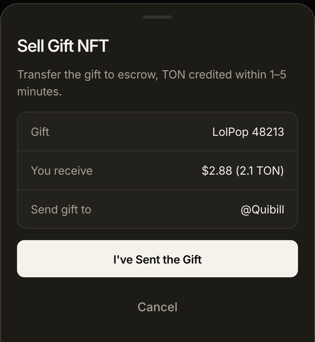 Sell Gift NFT confirmation sheet listing the gift, the amount you receive, and Send gift to @Quibill