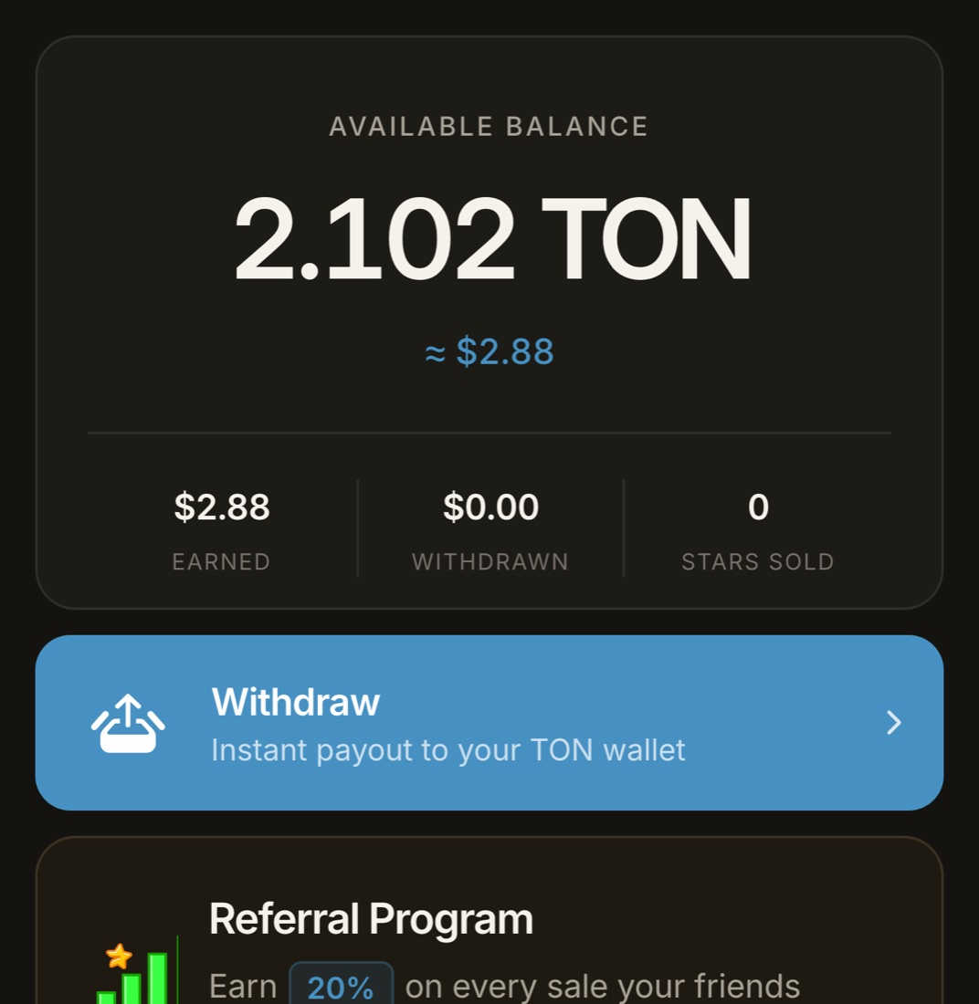 Balance tab showing the credited TON balance and its dollar value, with a Withdraw button